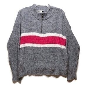 NWT Moral Fiber Fuzzy 1/4 Zip Collared Sweater Grey Pink White  Size Large